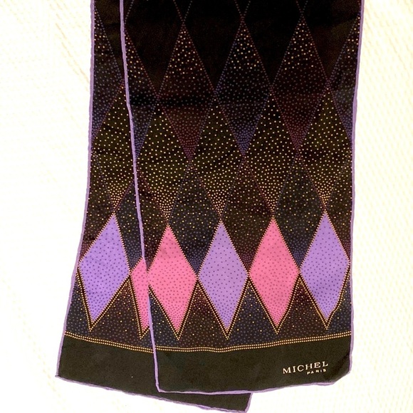 Michel Paris Silk Argyle Scarf - Black and Purple 52” Long Hand-Rolled Edges - Picture 1 of 6